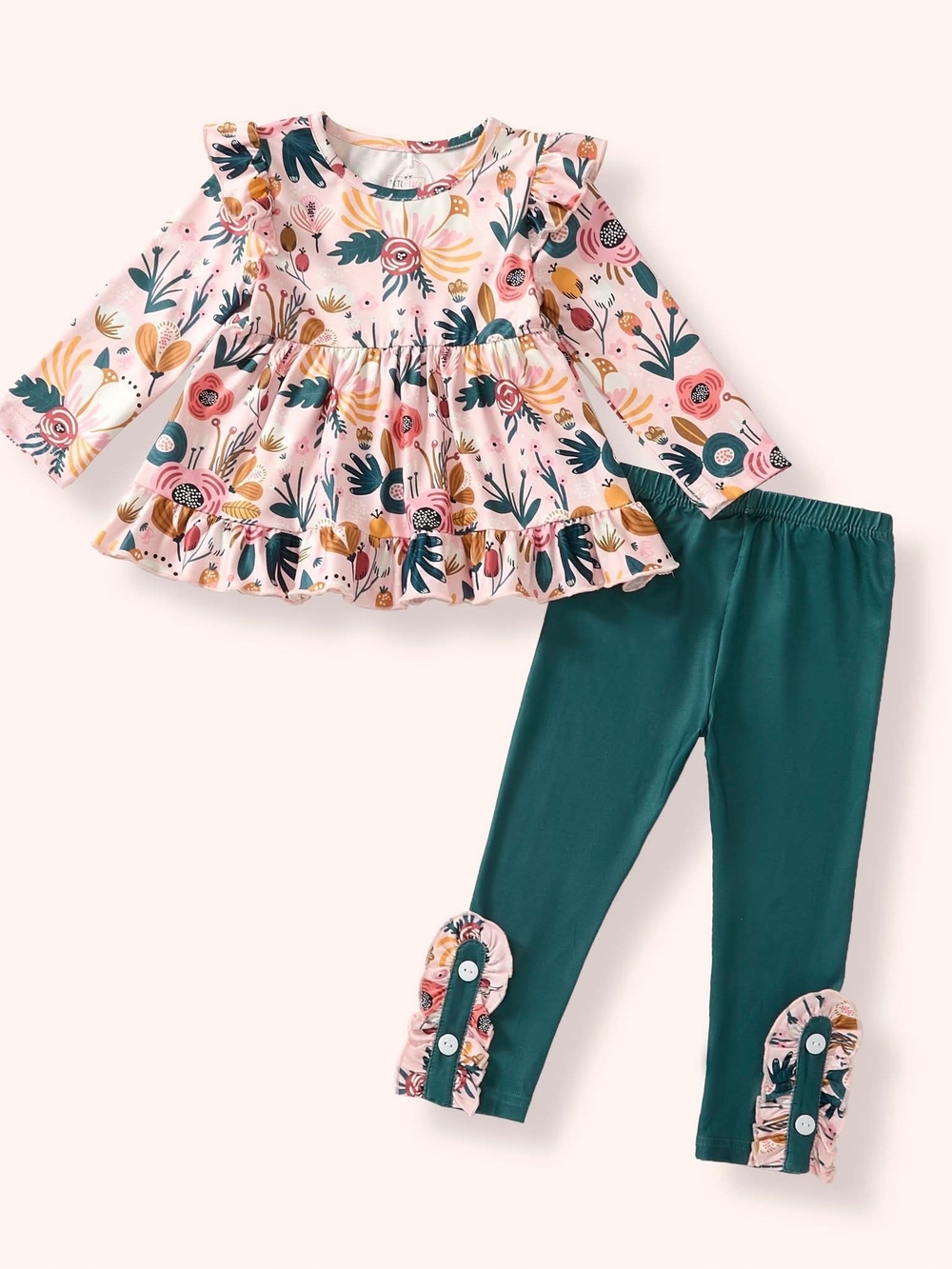 Floral Ruffle Top & Teal Legging Kids Matching Set